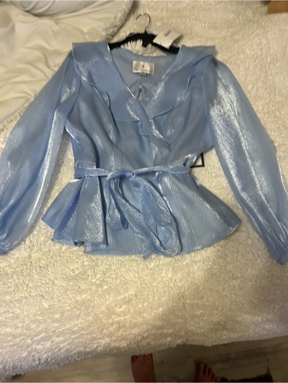 Alex Evenings Metallic Light Blue Ruffle Wrap Peplum Blouse